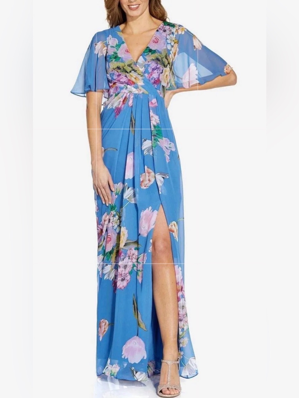 Adrianna Papell Blue Floral Chiffon Romantic High Low Maxi Dress NWOT Sz 6